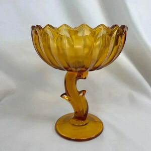 Vintage Amber Orange Indiana Glass Lotus Flower Compote Dish
